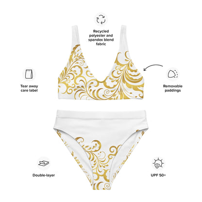 Maillot de bain 2 pièces éco - responsable taille haute Prestige™ Floraison Blanc et Or - Prestige SXM