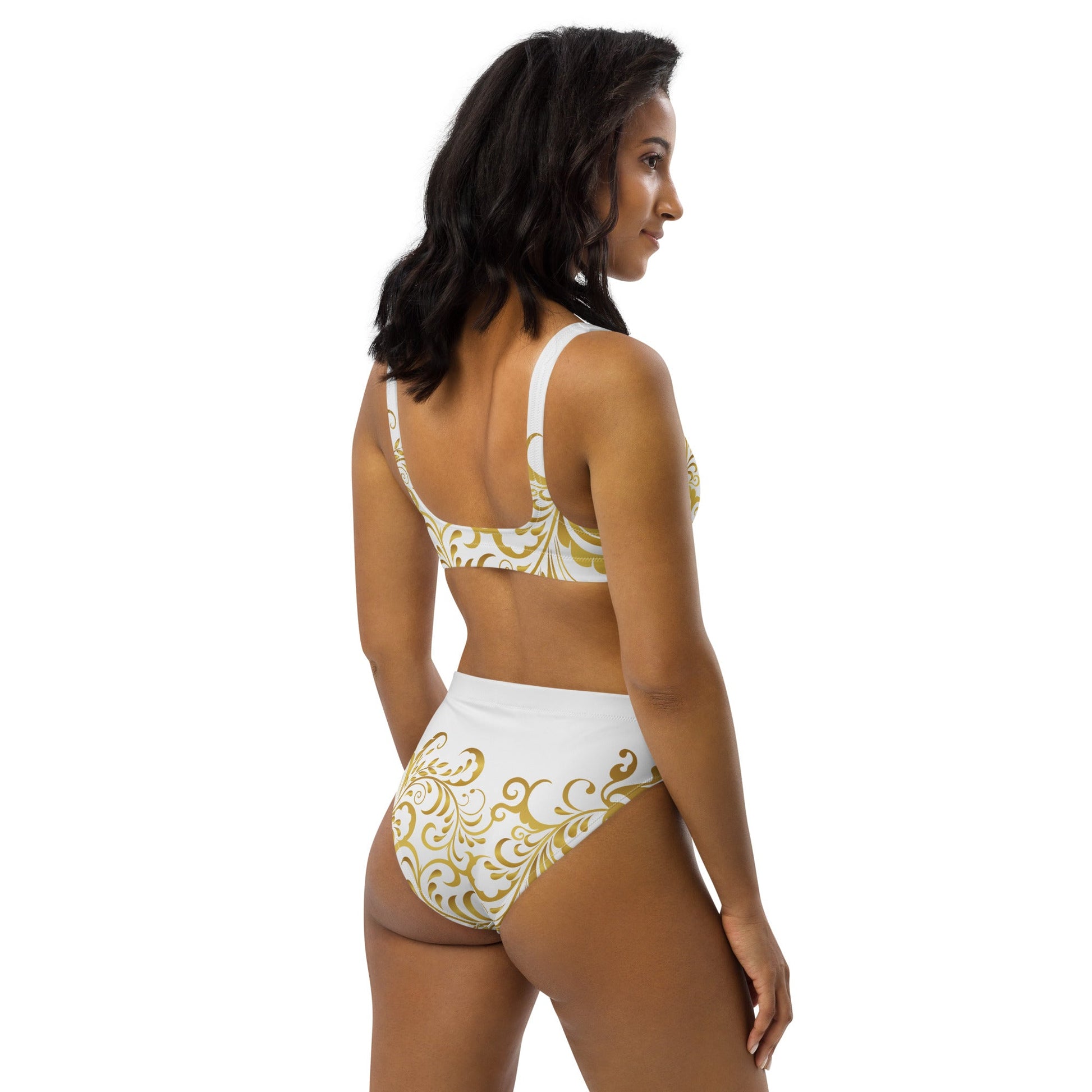 Maillot de bain 2 pièces éco - responsable taille haute Prestige™ Floraison Blanc et Or - Prestige SXM