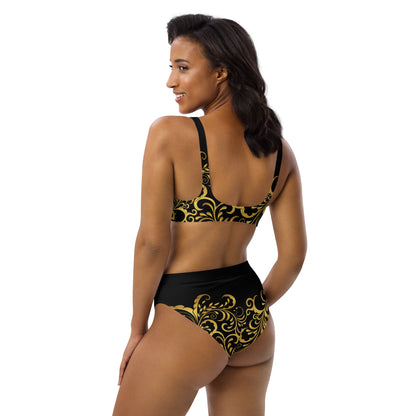 Maillot de bain 2 pièces éco - responsable taille haute Prestige™ Floraison Noir et Or - Prestige SXM