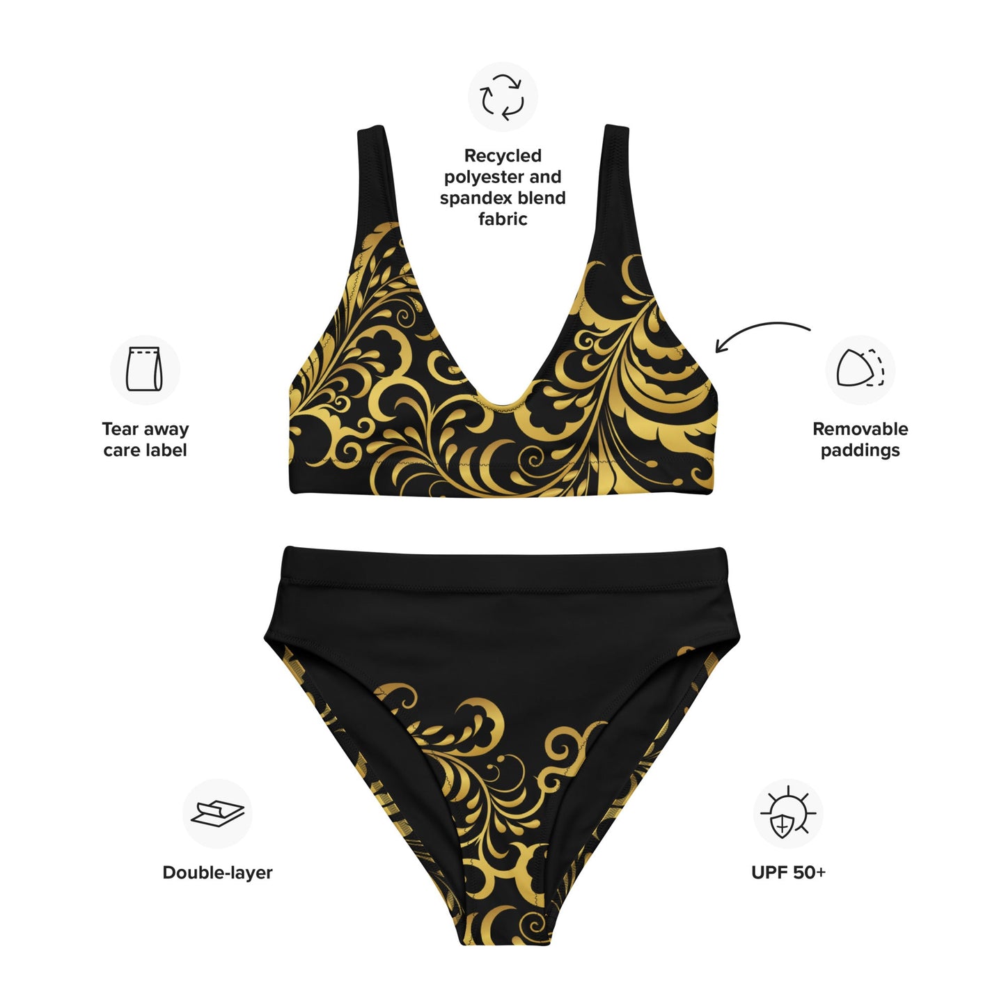 Maillot de bain 2 pièces éco - responsable taille haute Prestige™ Floraison Noir et Or - Prestige SXM