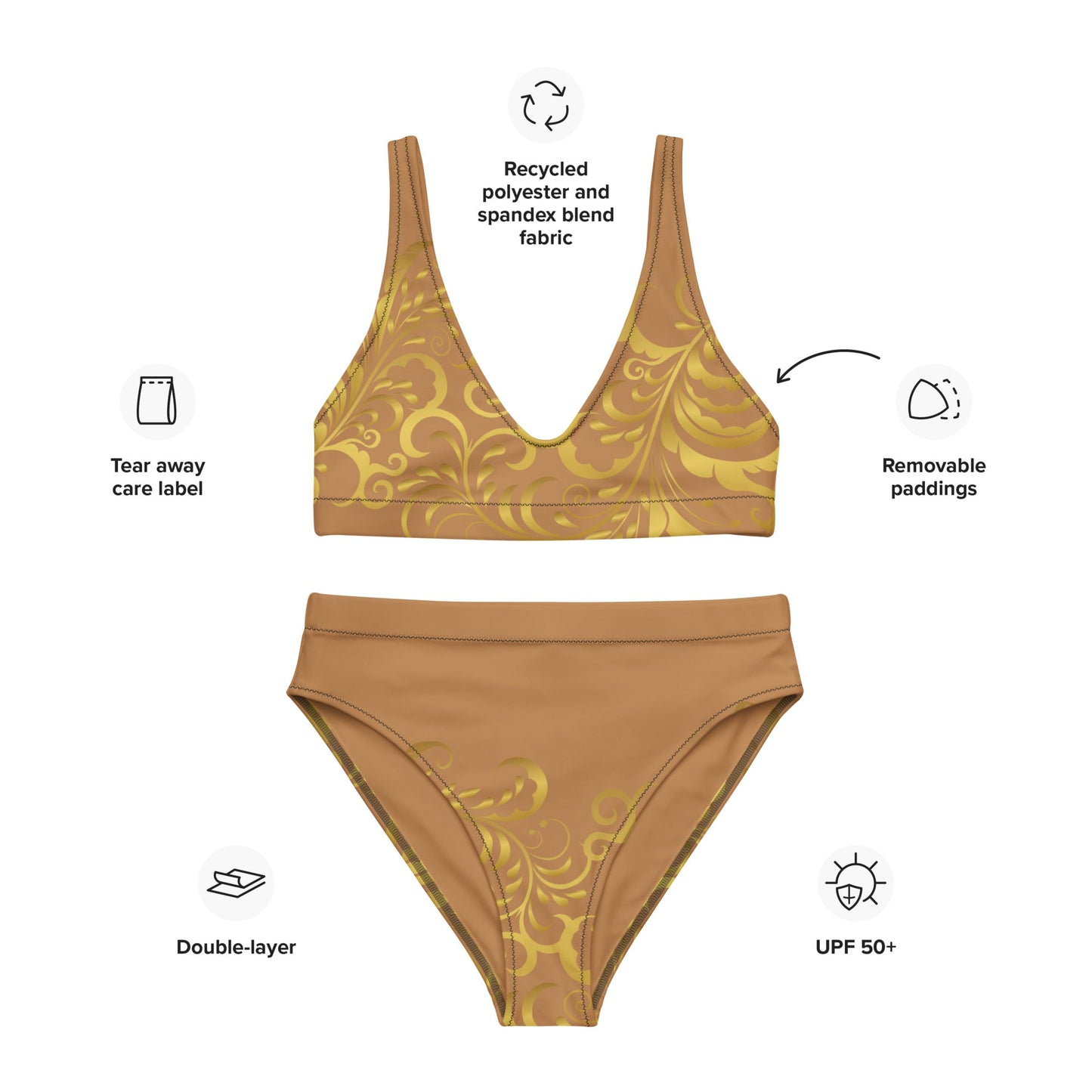 Maillot de bain 2 pièces éco - responsable taille haute Prestige™ Floraison Nue et Or - Prestige SXM