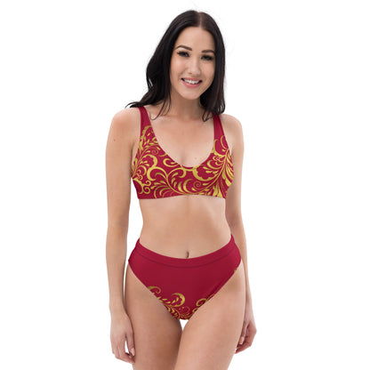 Maillot de bain 2 pièces éco - responsable taille haute Prestige™ Floraison Vin et Or - Prestige SXM