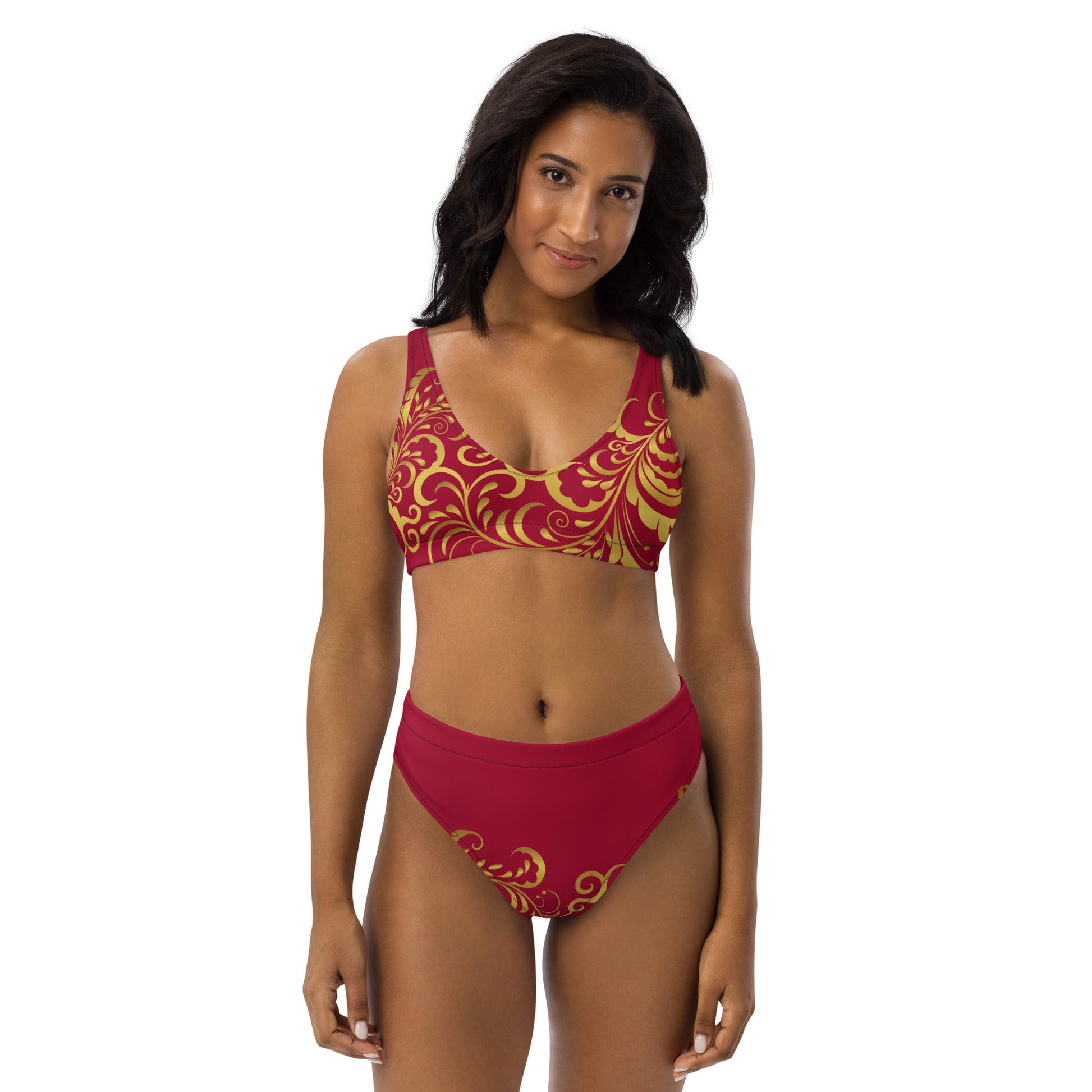 Maillot de bain 2 pièces éco - responsable taille haute Prestige™ Floraison Vin et Or - Prestige SXM