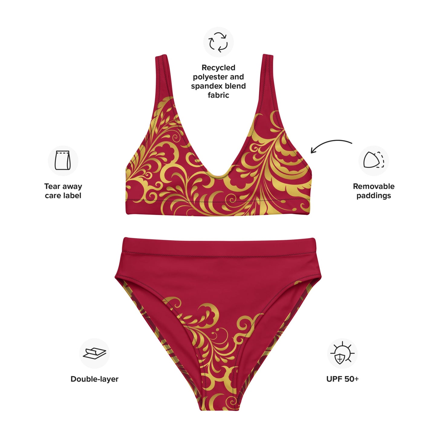 Maillot de bain 2 pièces éco - responsable taille haute Prestige™ Floraison Vin et Or - Prestige SXM