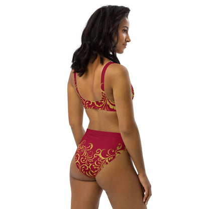 Maillot de bain 2 pièces éco - responsable taille haute Prestige™ Floraison Vin et Or - Prestige SXM