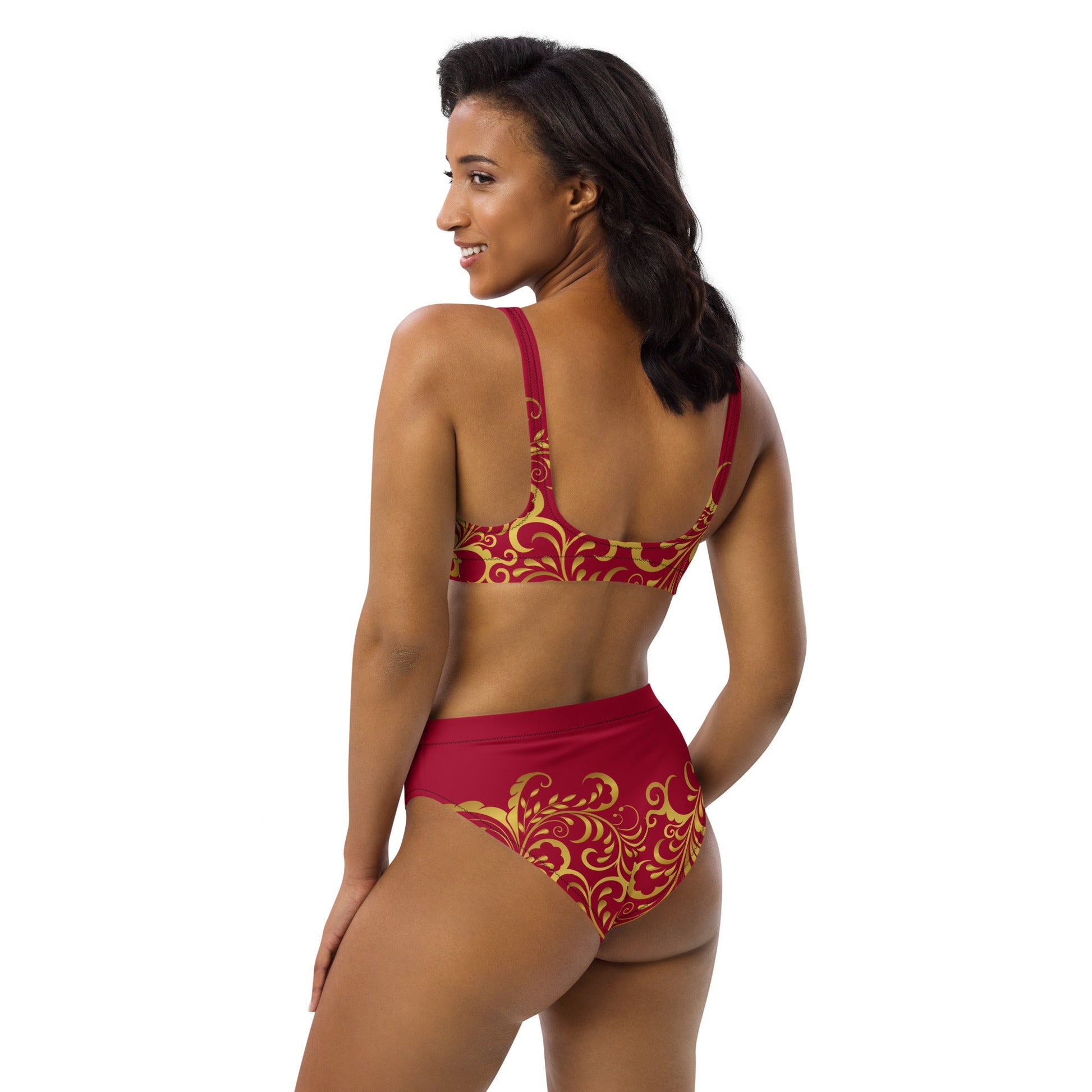 Maillot de bain 2 pièces éco - responsable taille haute Prestige™ Floraison Vin et Or - Prestige SXM