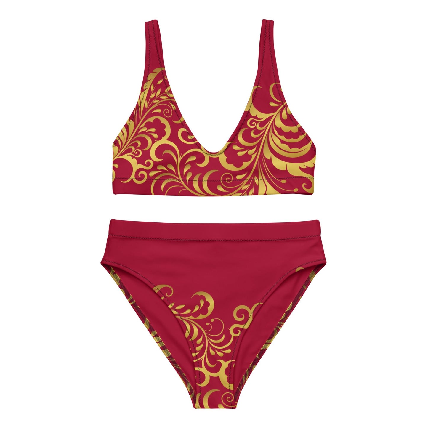 Maillot de bain 2 pièces éco - responsable taille haute Prestige™ Floraison Vin et Or - Prestige SXM