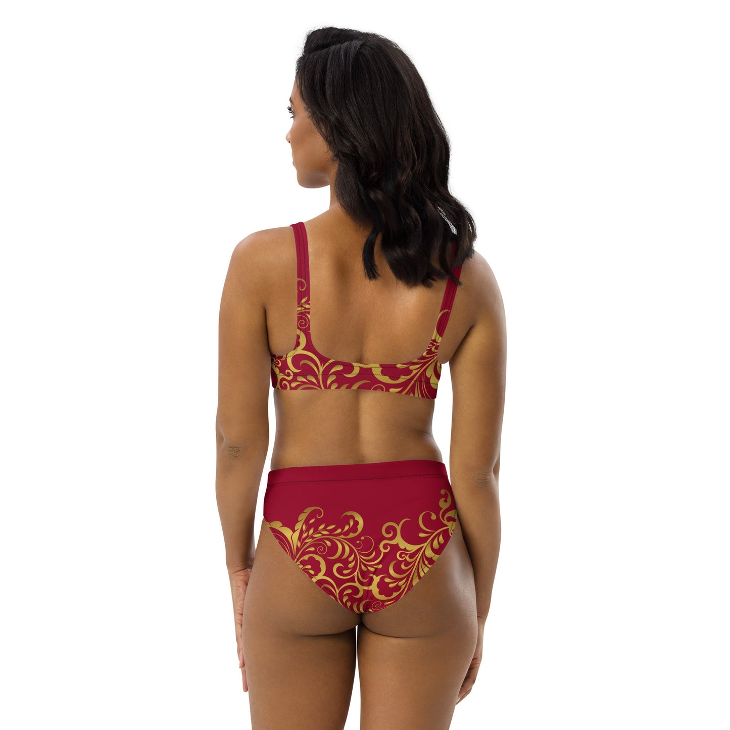 Maillot de bain 2 pièces éco - responsable taille haute Prestige™ Floraison Vin et Or - Prestige SXM