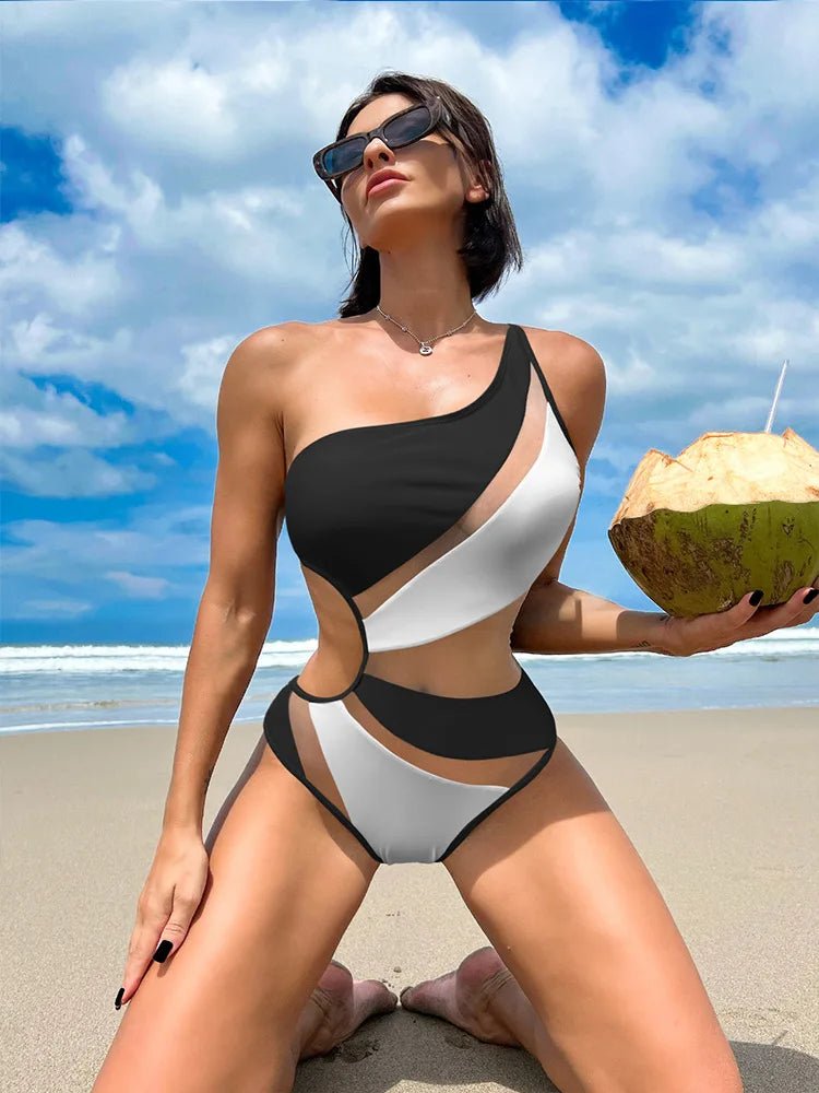 Monokini Sexy à épissures creuses Noir et Blanc - Prestige SXM