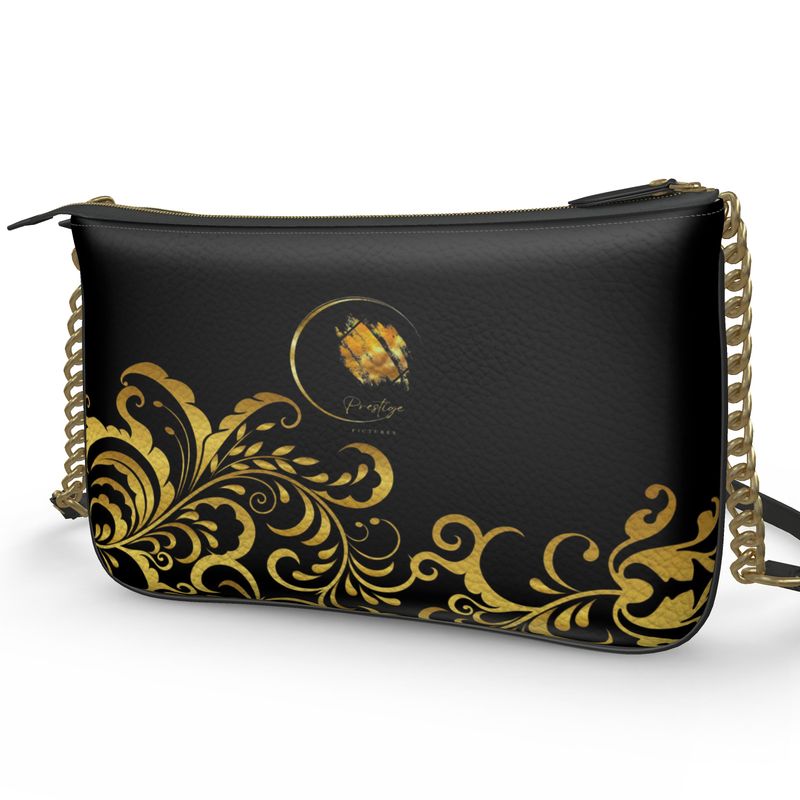 Pochette double en Cuire Nappa Prestige™ Noir et Or Floraison - Prestige SXM