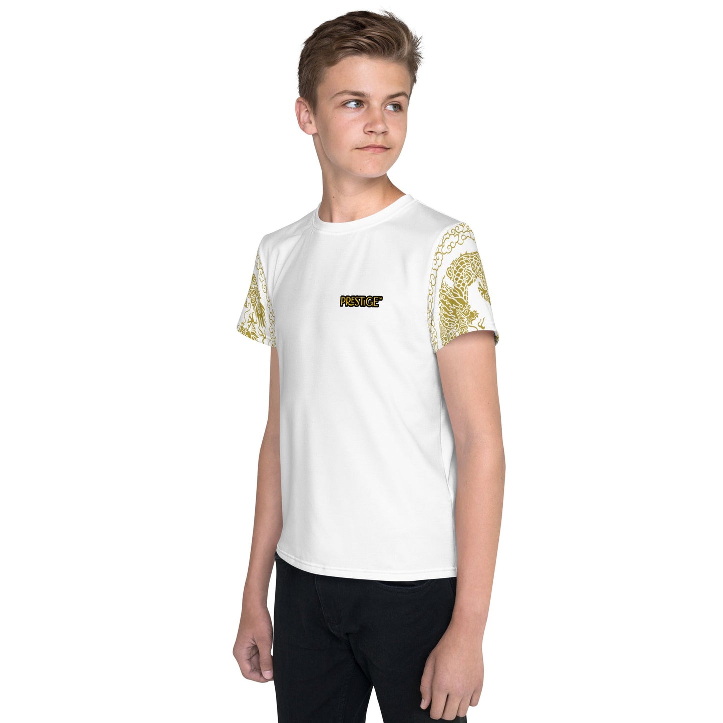 T-shirt col ras du cou adolescent unisexe Prestige™ Blanc & Or "DRAGON TEAM PLAYER ONE" - Prestige SXM