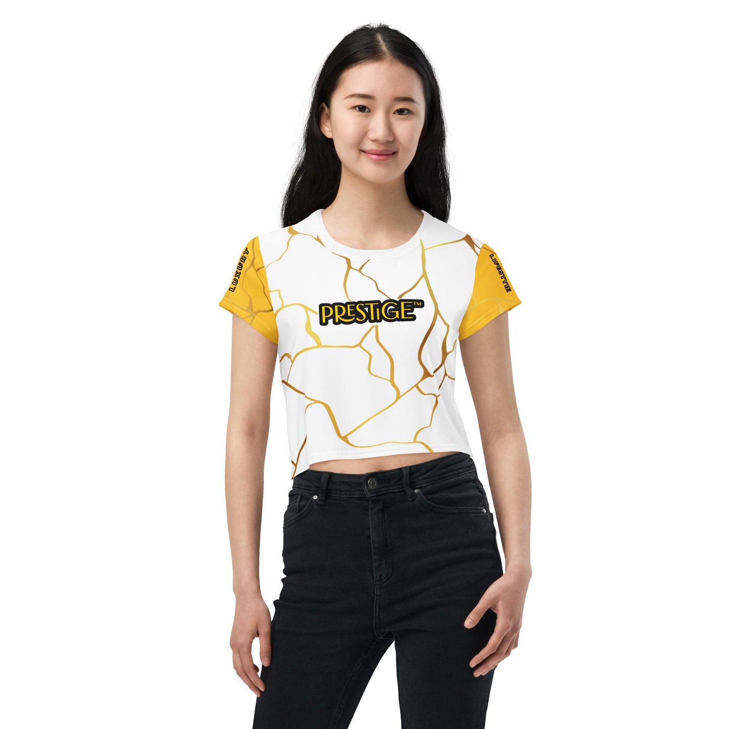 T-shirt Crop - Top Prestige™ Blanc Jaune & Or Filament - Prestige SXM