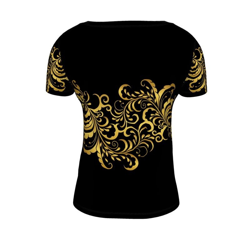 T-shirt Prestige™ Noir et Or Floraison à encolure dégagée pour Femme - Prestige SXM